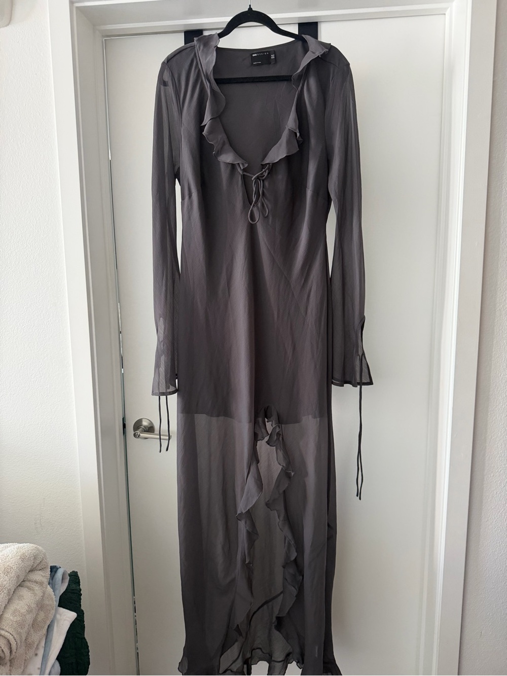 ASOS Sheer Ruffle-Trim Maxi Dress in Charcoal